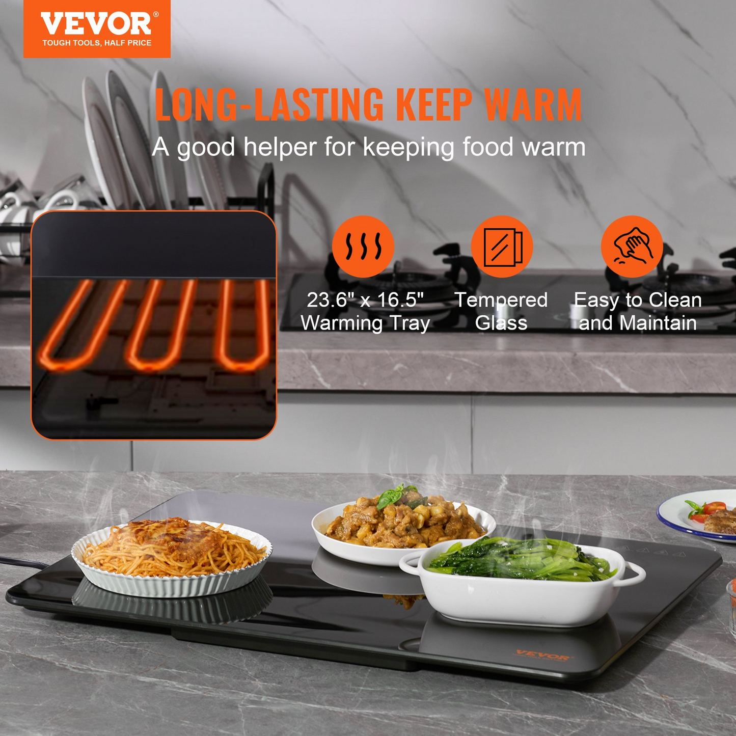 VEVOR Electric Warming Tray, 16.5" x 23.6" Portable Tempered Glass Heating Tray with Temperature Control (65-90℃), Perfect for Dinner, Catering, House, Parties, Events, Entertaining and Holiday, Black