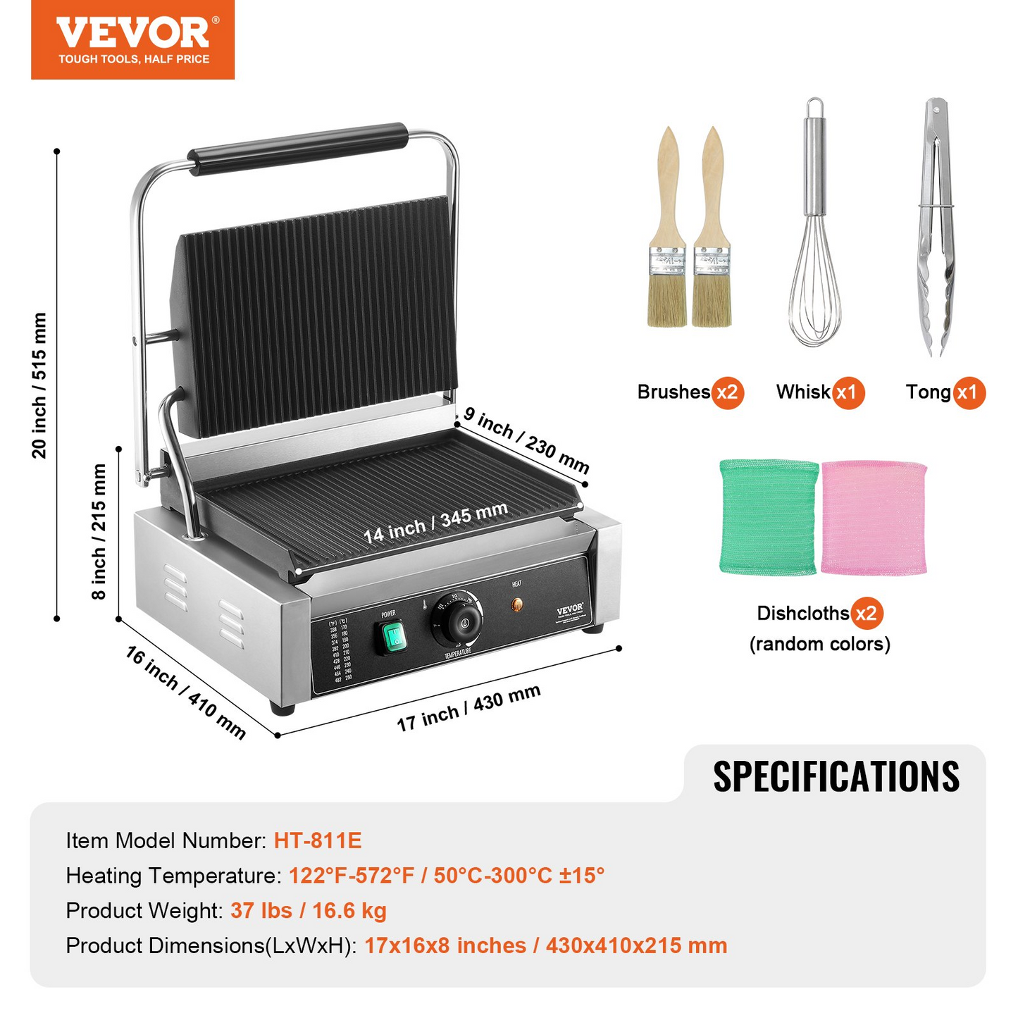 VEVOR Commercial Panini Press Grill Electric Sandwich Maker Griddle Plate 14"x9"