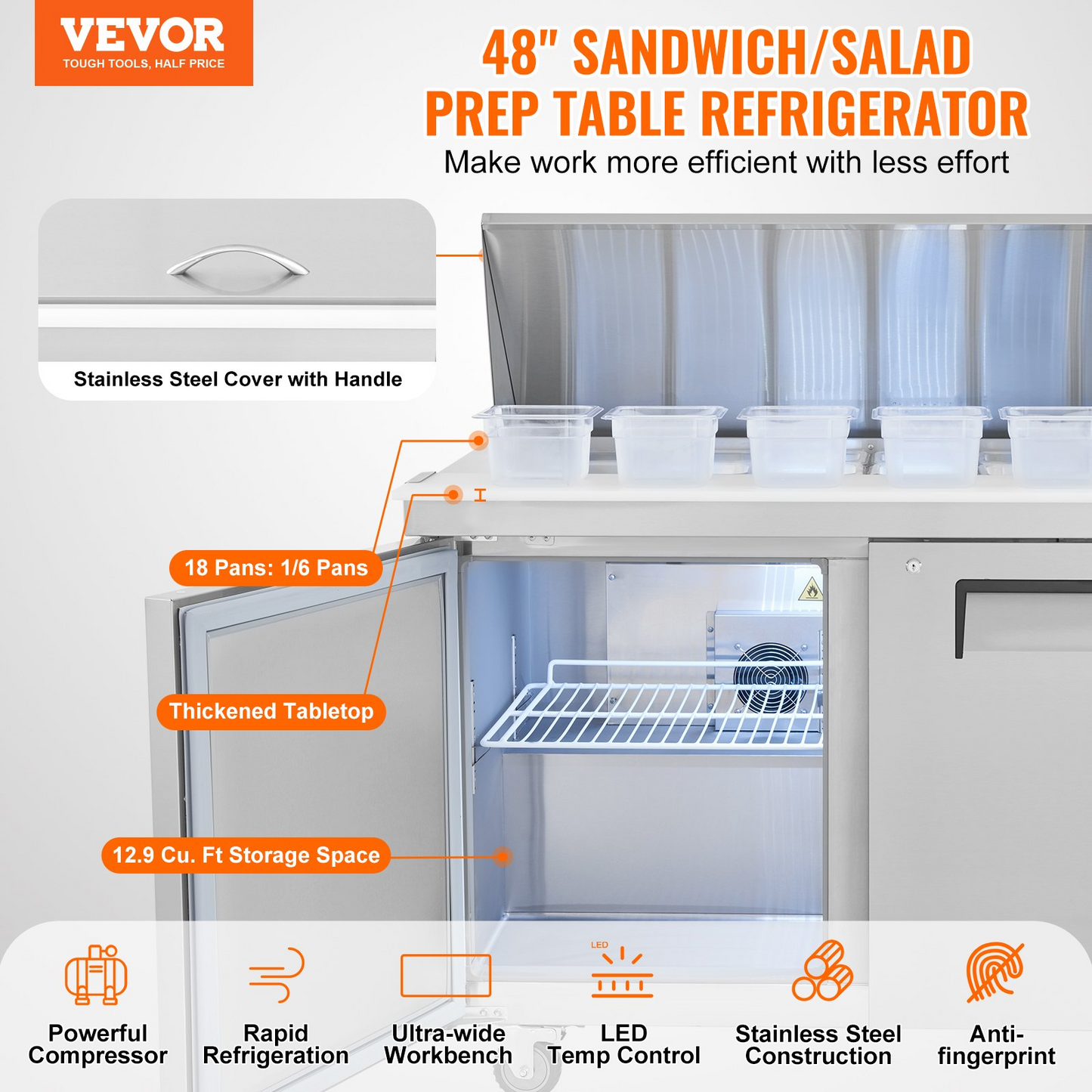 VEVOR Commercial Refrigerator 48" Sandwich Salad Prep Table 2 Doors w/ 18 Pans