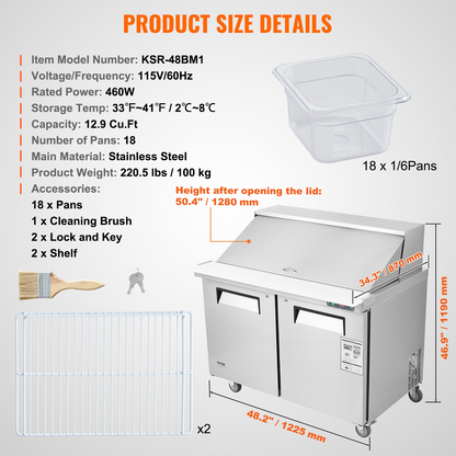 VEVOR Commercial Refrigerator 48" Sandwich Salad Prep Table 2 Doors w/ 18 Pans