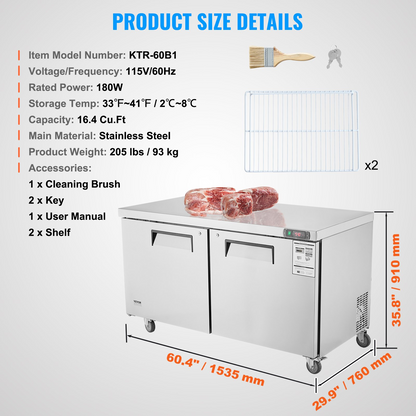 VEVOR 60" Commercial Refrigerator Sandwich & Salad Prep Table 16.4 Cu. Ft Fridge