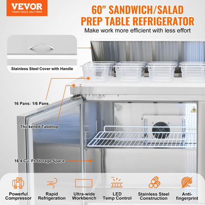 VEVOR Commercial Refrigerator 60" Sandwich Salad Prep Table 2 Doors w/ 16 Pans