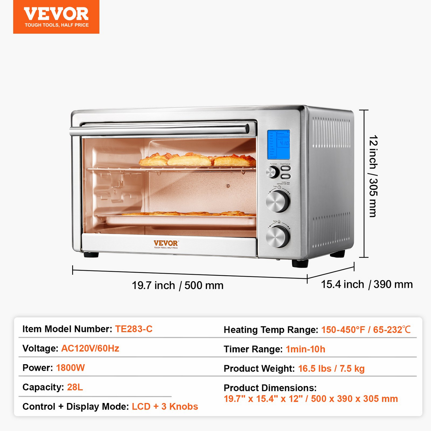 VEVOR Countertop Convection Oven 28L Toaster Baker 10-IN-1 1800W for Home Use