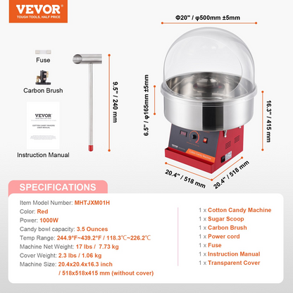 VEVOR Electric Cotton Candy Machine, 1000W Candy Floss Maker, Commercial Cotton Candy Machine with Cover, Stainless Steel Bowl, and Sugar Scoop, Perfect for Home Kids Birthday, Family Party (Red)