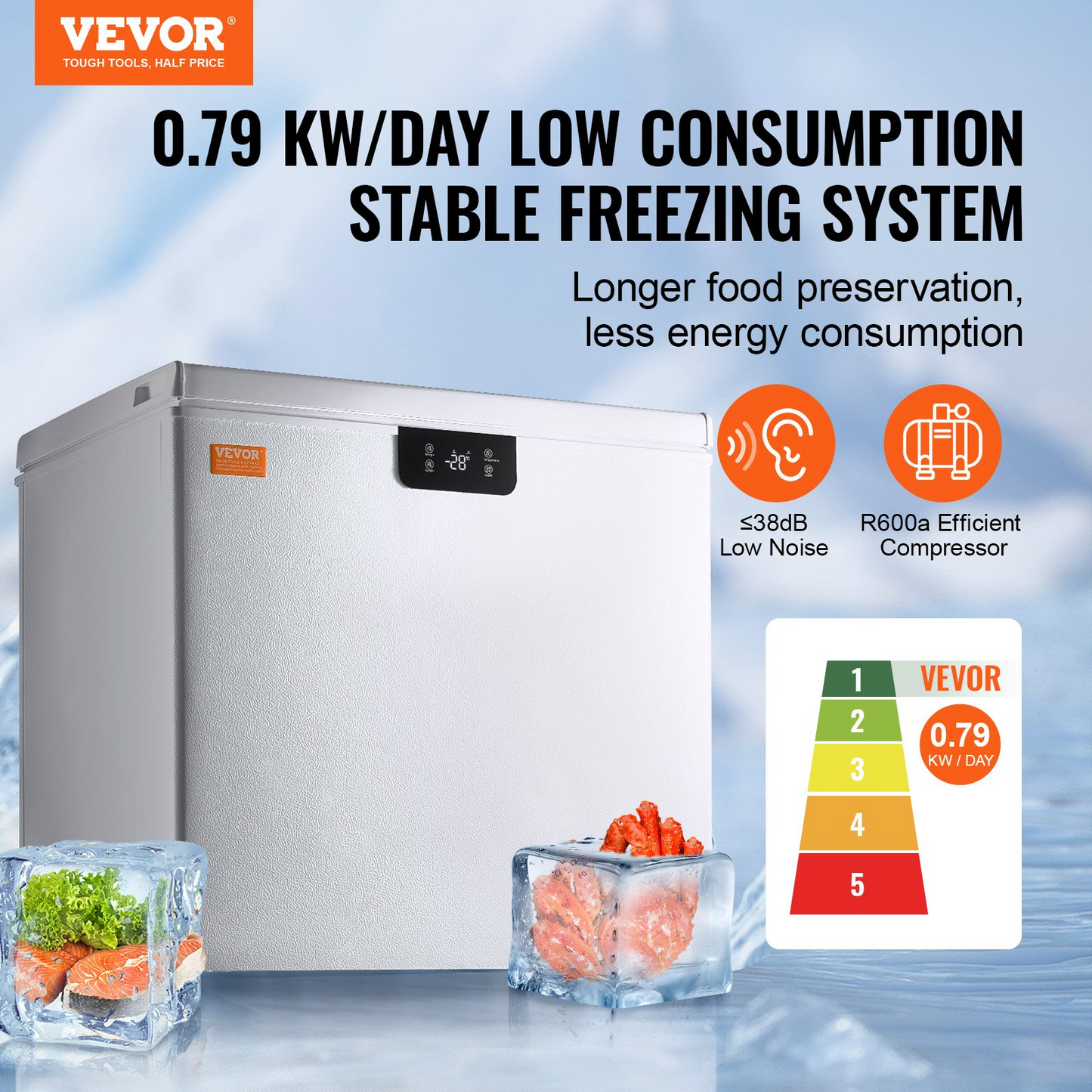 VEVOR Chest Freezer, 7 Cu.ft / 198 L Compact Deep Freezer, Free Standing Top Open Door Compact Freezers with 2 Removable Baskets & Adjustable Thermostat, Energy Saving & Low Noise, White