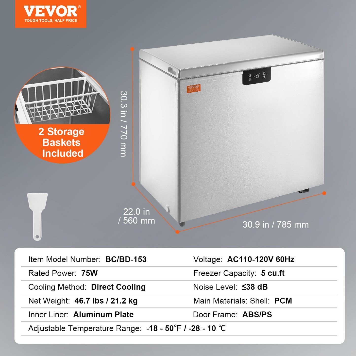 VEVOR Chest Freezer, 7 Cu.ft / 198 L Compact Deep Freezer, Free Standing Top Open Door Compact Freezers with 2 Removable Baskets & Adjustable Thermostat, Energy Saving & Low Noise, White