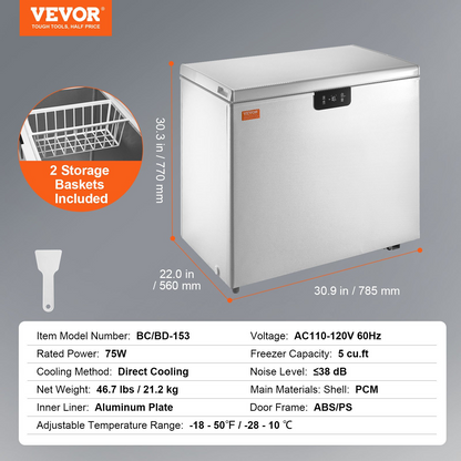 VEVOR Chest Freezer, 7 Cu.ft / 198 L Compact Deep Freezer, Free Standing Top Open Door Compact Freezers with 2 Removable Baskets & Adjustable Thermostat, Energy Saving & Low Noise, White