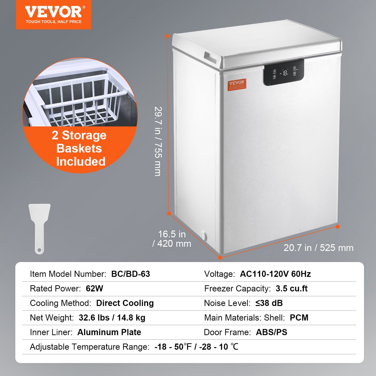 VEVOR Chest Freezer, 3.5 cu.ft / 99 L Compact Deep Freezer, Free Standing Top Open Door Chest Freezers with 2 Removable Baskets & Adjustable Thermostat, Energy Saving & Low Noise, White