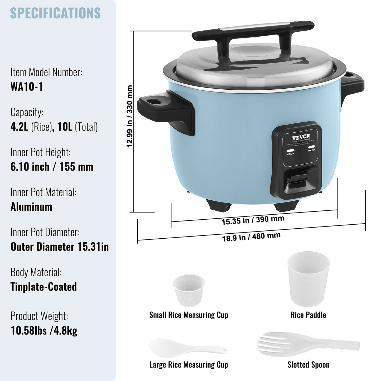 VEVOR Commercial Rice Cooker 50-Cup Non-Stick Pot 10L 24H Keep Warm Restaurant