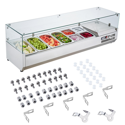 VEVOR Refrigerated Condiment Prep Station, 150 W Countertop Refrigerated Condiment Station, with 4 1/3 Pans & 4 1/6 Pans, 304 Stainless Body and PC Lid, Sandwich Prep Table with Glass Guard, ETL