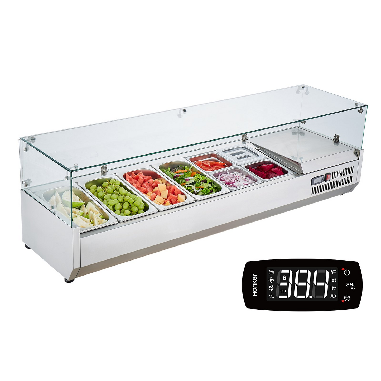 VEVOR Refrigerated Condiment Prep Station, 150 W Countertop Refrigerated Condiment Station, with 4 1/3 Pans & 4 1/6 Pans, 304 Stainless Body and PC Lid, Sandwich Prep Table with Glass Guard, ETL