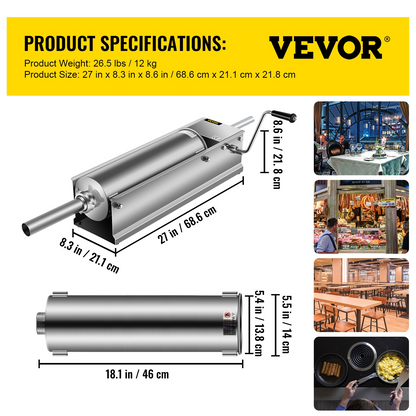 VEVOR Horizontal Sausage Stuffer 7L/15Lbs Manual Sausage Maker With 5 Filling Nozzles Sausage Stuffing Machine For Home & Commercial Use Stainless Steel