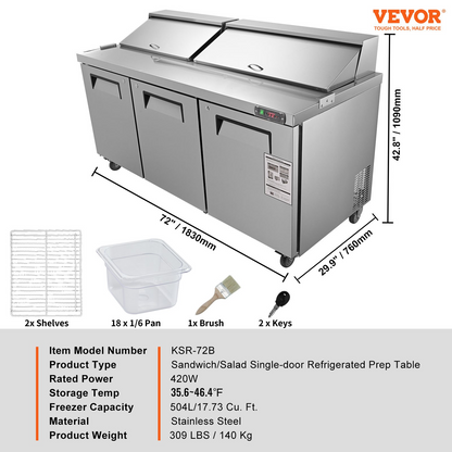 VEVOR Commercial Refrigerator, 72" Sandwich & Salad Prep Table, 17.73 Cu. Ft Stainless Steel Refrigerated Food Prep Station with 18 Pans, Cut Board, 3 Door Worktop Fridge with lock for Restaurant