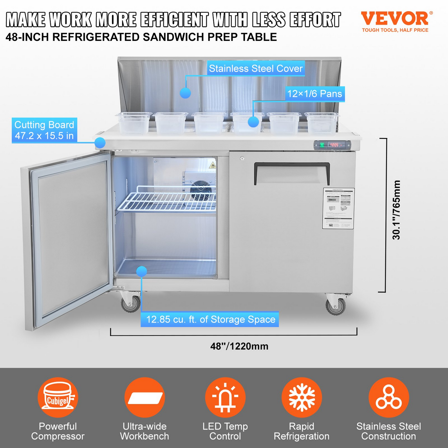 VEVOR Commercial Refrigerator, 48" Sandwich & Salad Prep Table, 12.85 Cu. Ft Thick Stainless Steel Refrigerated Food Prep Station with 12 Pans Cutting Board, 2 Door Fridge for Restaurant, Bar, Shop