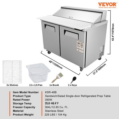 VEVOR Commercial Refrigerator, 48" Sandwich & Salad Prep Table, 12.85 Cu. Ft Thick Stainless Steel Refrigerated Food Prep Station with 12 Pans Cutting Board, 2 Door Fridge for Restaurant, Bar, Shop