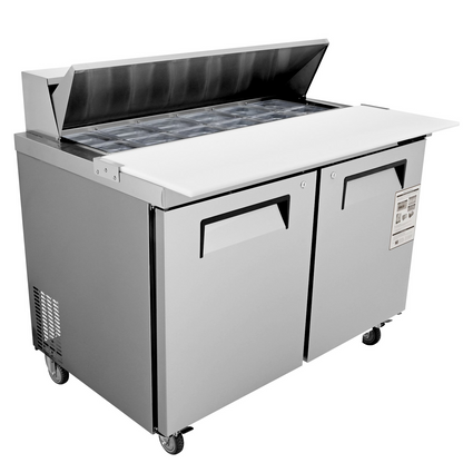 VEVOR Commercial Refrigerator, 48" Sandwich & Salad Prep Table, 12.85 Cu. Ft Thick Stainless Steel Refrigerated Food Prep Station with 12 Pans Cutting Board, 2 Door Fridge for Restaurant, Bar, Shop