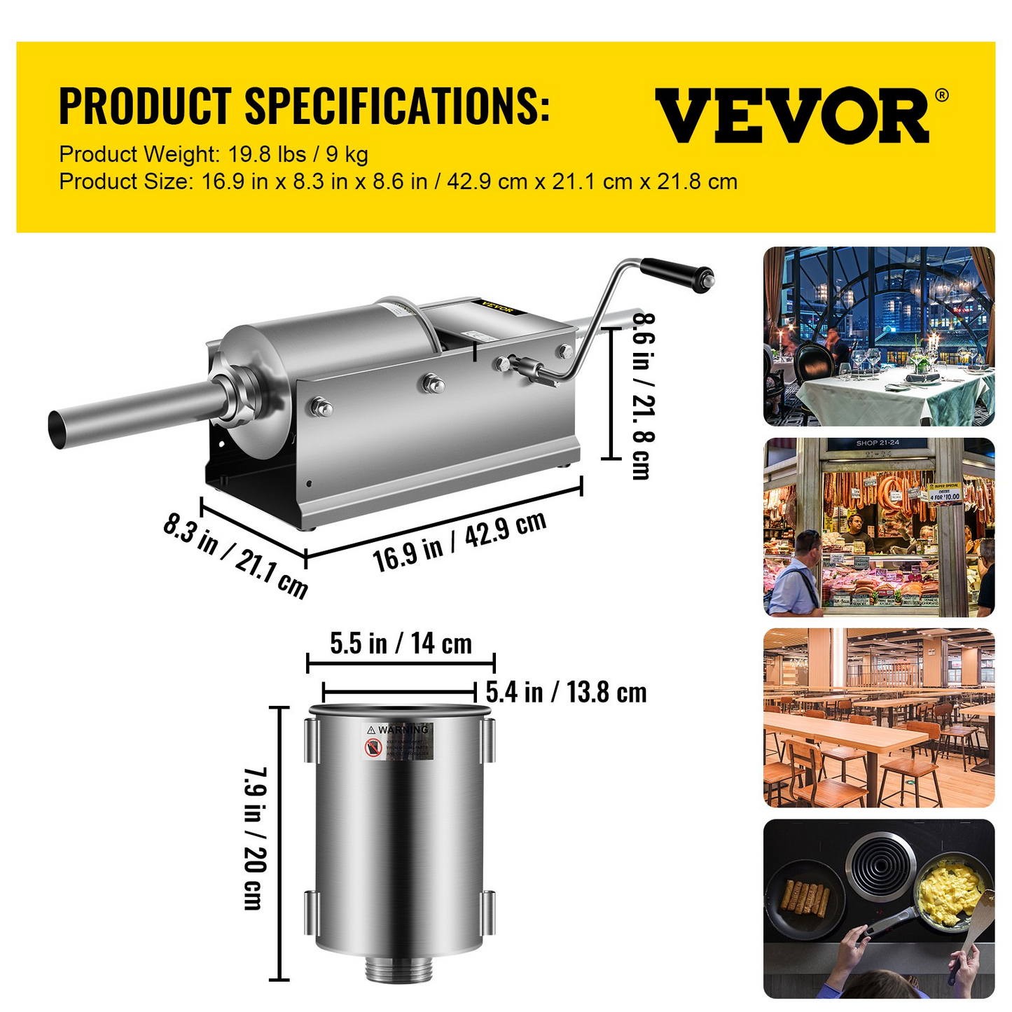 VEVOR Horizontal Sausage Stuffer 3L/ 7Lbs Manual Sausage Maker With 5 Filling Nozzles Sausage Stuffing Machine For Home & Commercial Use Stainless Steel