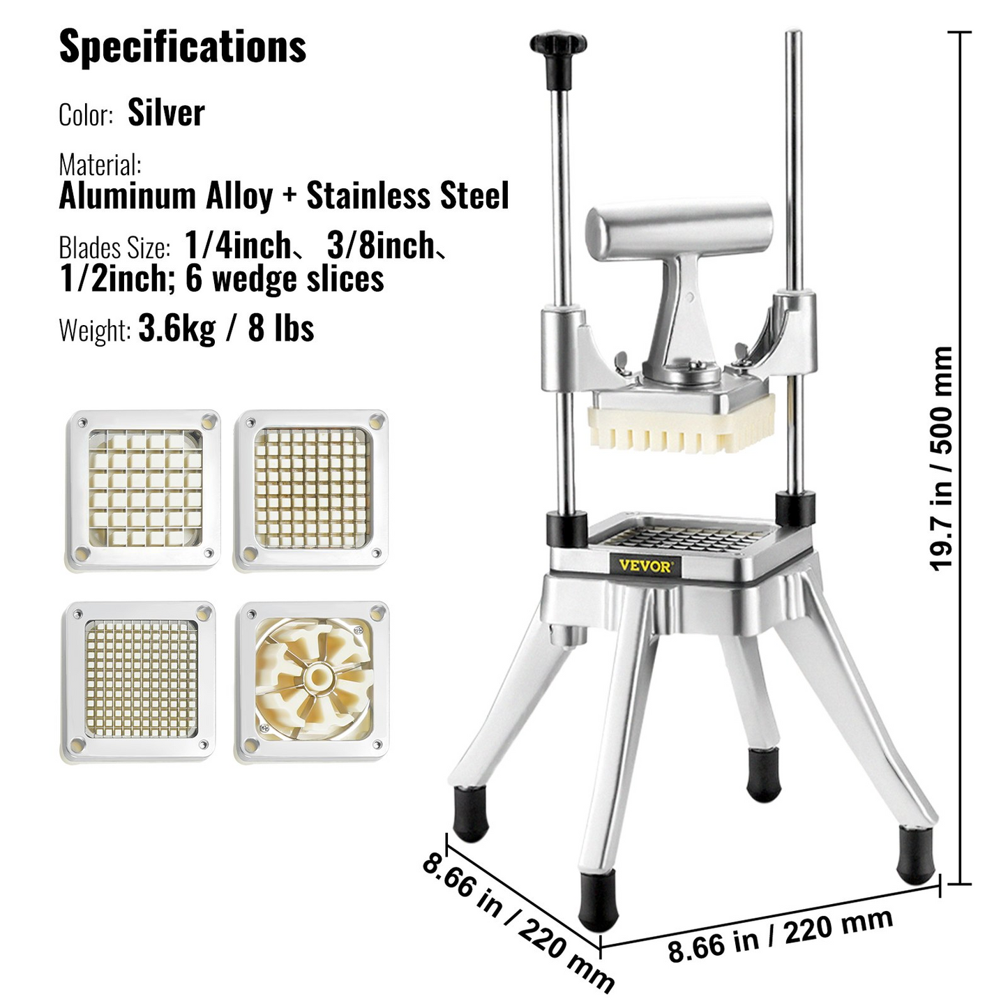 VEVOR Commercial Vegetable Fruit Chopper, Stainless Steel French Fry Cutter with 4 Blades 1/4" 3/8" 1/2", 6-wedge Slicer, Chopper Dicer with Tray, Heavy Duty Cutter for Potato Tomato Onion Mushroom