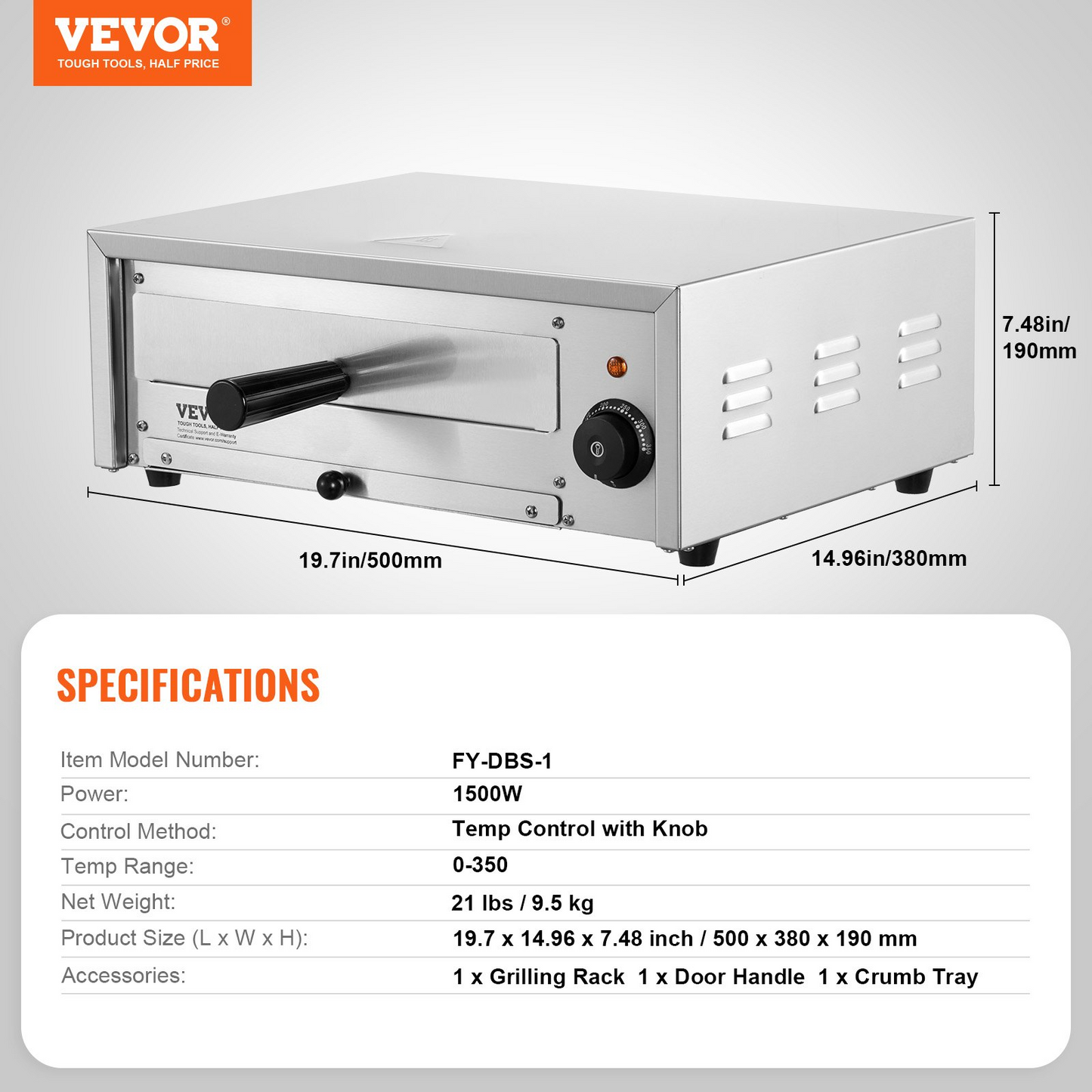 VEVOR Electric Pizza Oven 12-inch 1500W 122-662℉ Temp Range Removable Crumb Tray