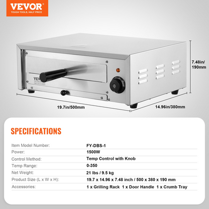 VEVOR Electric Pizza Oven 12-inch 1500W 122-662℉ Temp Range Removable Crumb Tray