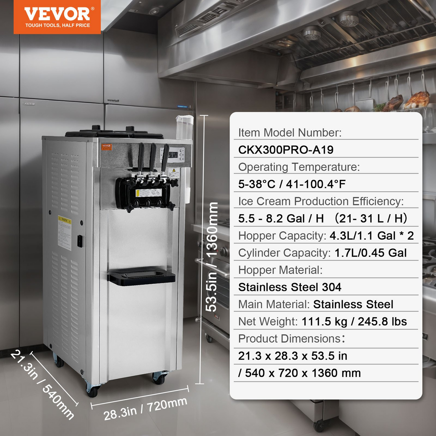 VEVOR 1850W Commercial Soft Ice Cream Machine 3 Flavors 5.3 to 7.4Gallon per Hour PreCooling at Night Auto Clean LCDPanel for Restaurants Snack Bar, Sliver