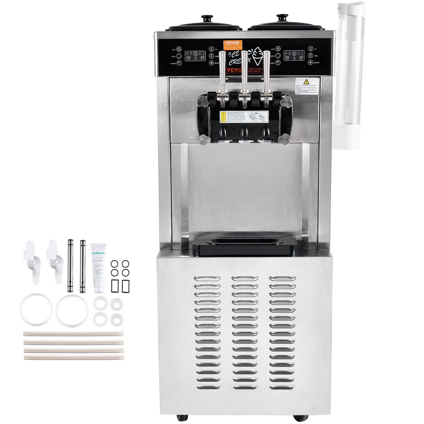 VEVOR Commercial Ice Cream Machine, 34-44 L/H Yield, 3400W 3-Flavor Freestanding Soft Serve Ice Cream Maker, 2 x 9L Stainless Steel Hopper, LED Panel Allows Single Cylinder Use Overnight Refrigeration