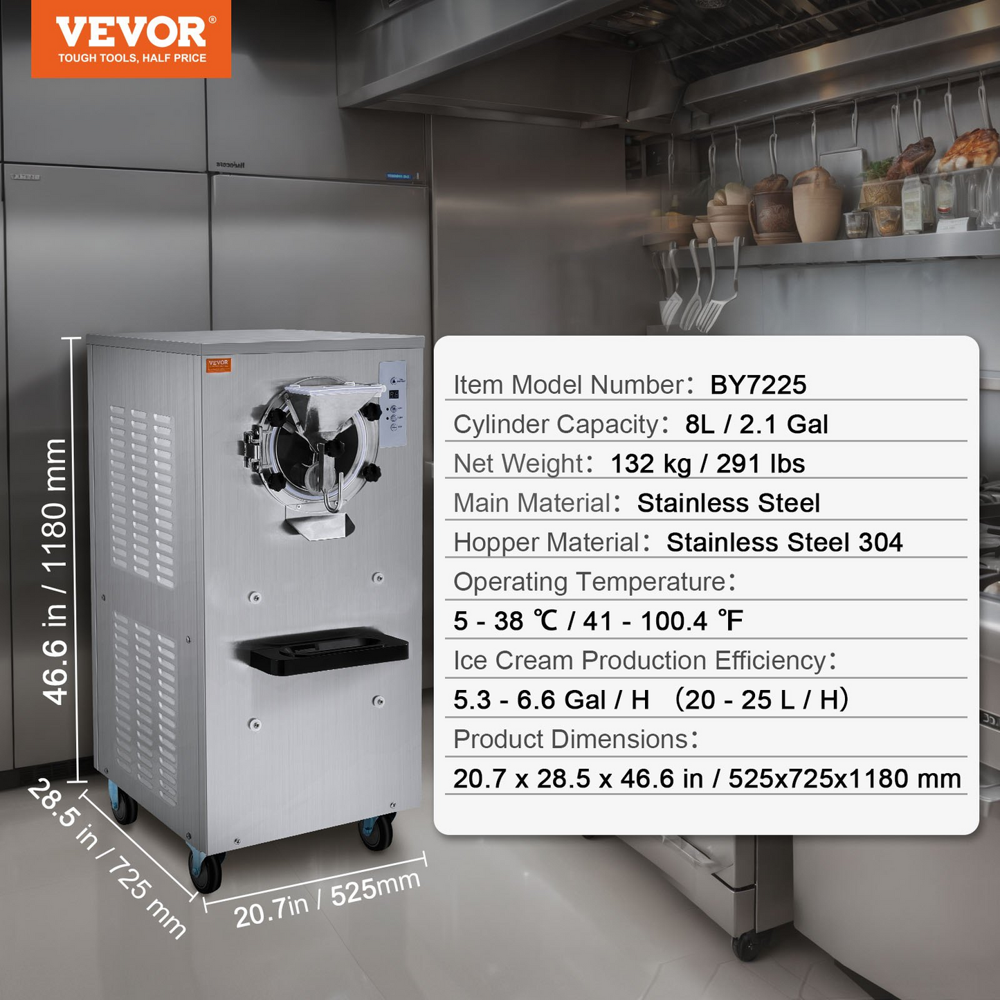 VEVOR Commercial Ice Cream Machine, 20-25L/H Yield, 2400W 1-Flavor Hard Serve Ice Cream Maker,  8L Stainless Steel Cylinder, Digital Display Auto Clean Adjustable Hardness, for Restaurant Snack Bars