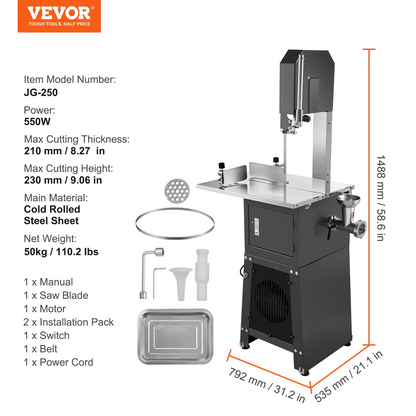 VEVOR 550W Commercial Electric Meat Bandsaw Stainless Steel Bone Sawing Machine