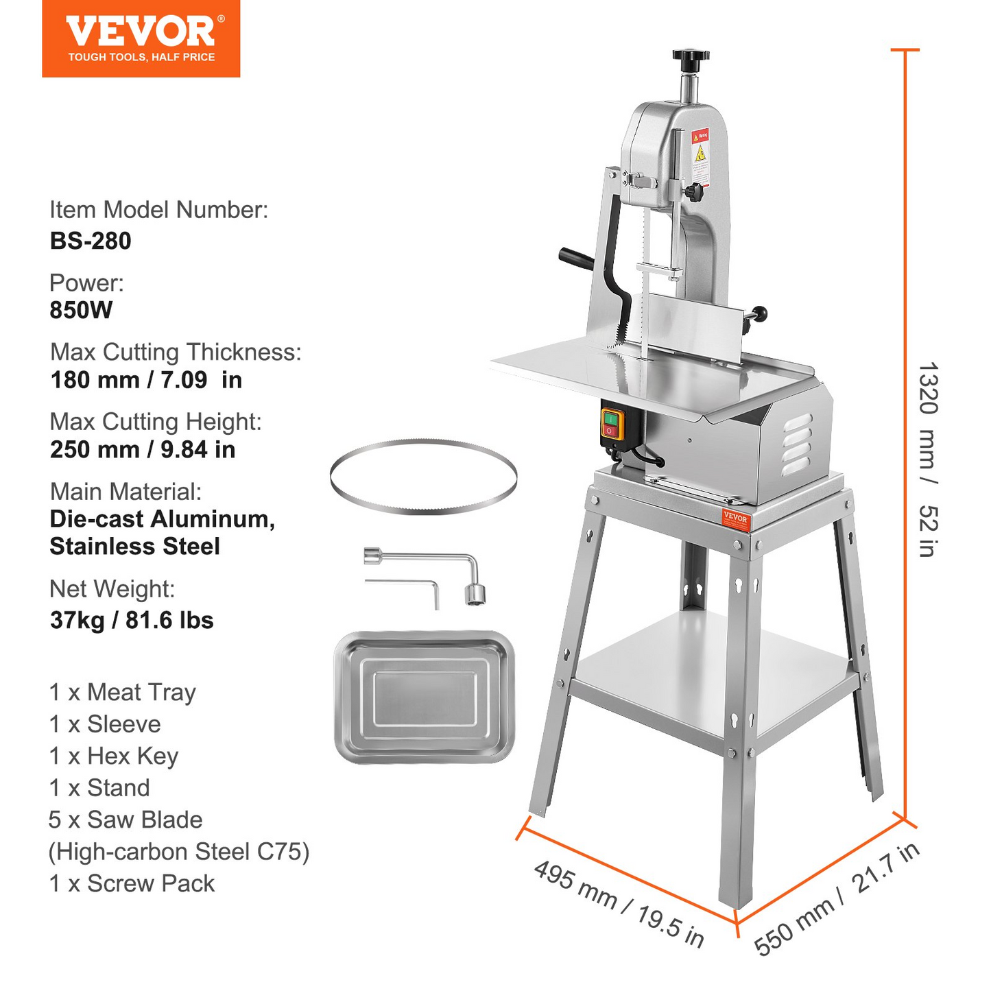 VEVOR 850W Commercial Electric Meat Bandsaw Stainless Steel Bone Sawing Machine