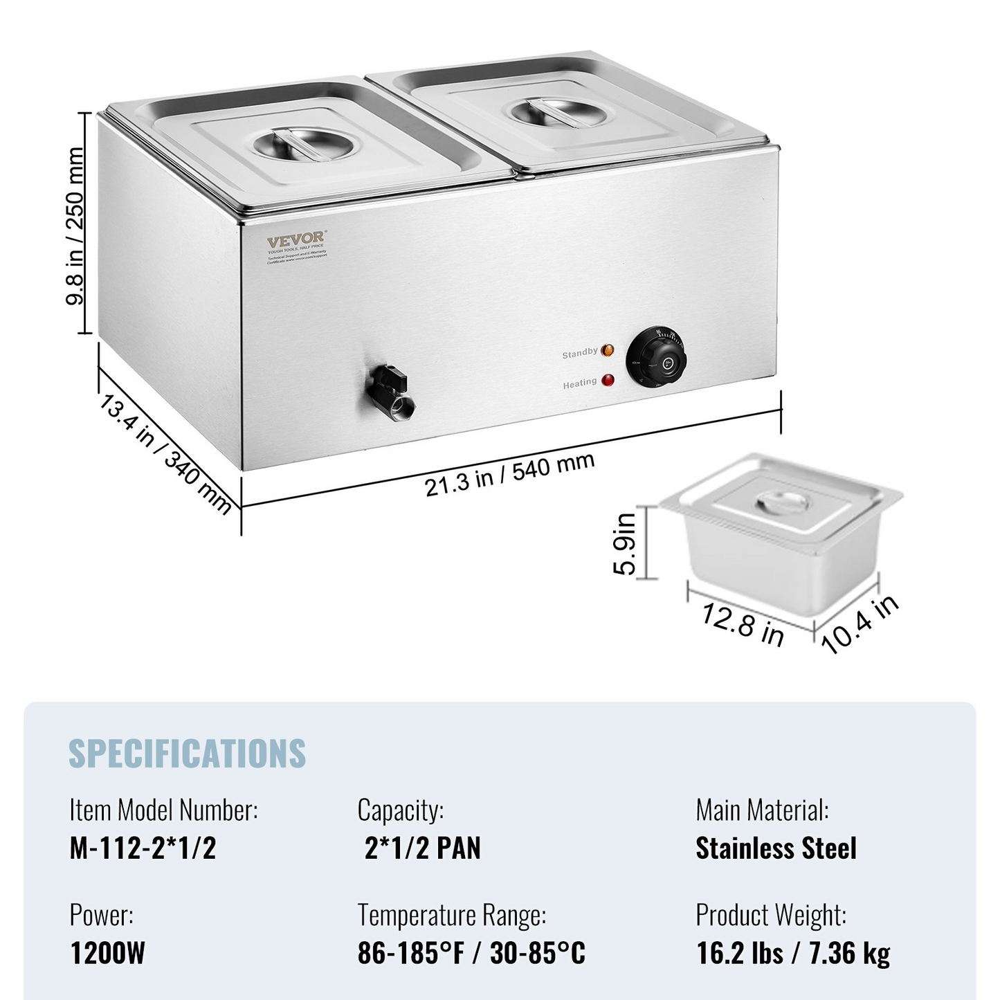 VEVOR Commercial Electric Food Warmer 2-Pan Countertop Buffet 18QT Bain Marie