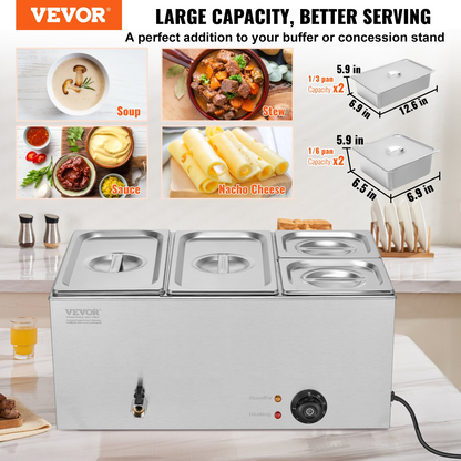 VEVOR Commercial Electric Food Warmer 4-Pan Countertop Buffet 16.4QT Bain Marie