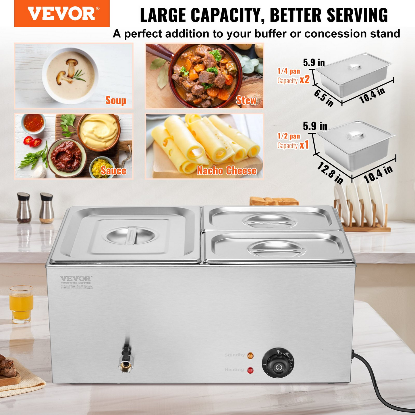 VEVOR Commercial Electric Food Warmer 3-Pan Countertop Buffet 17QT Bain Marie