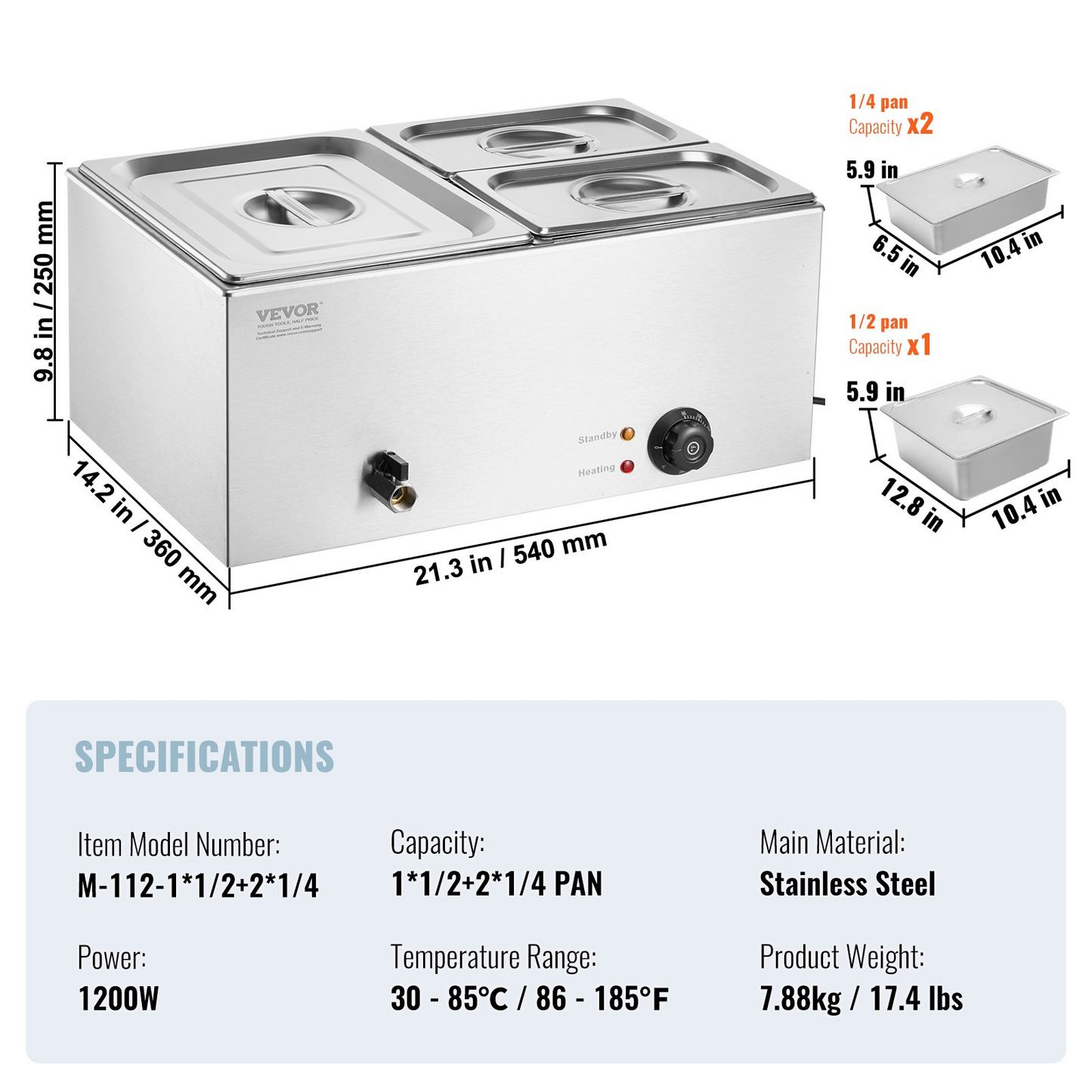 VEVOR Commercial Electric Food Warmer 3-Pan Countertop Buffet 17QT Bain Marie