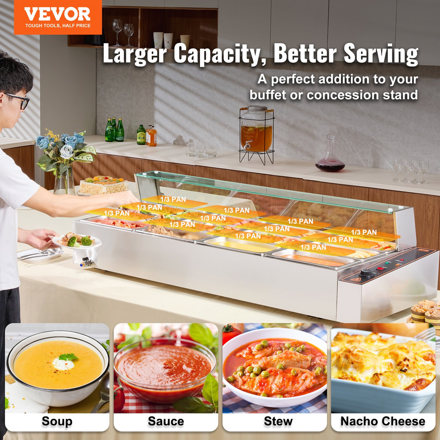 VEVOR Commercial Electric Food Warmer Countertop Buffet 12*5Qt with Glass Shield