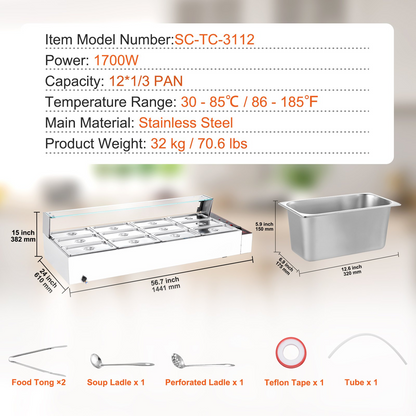 VEVOR Commercial Electric Food Warmer Countertop Buffet 12*5Qt with Glass Shield
