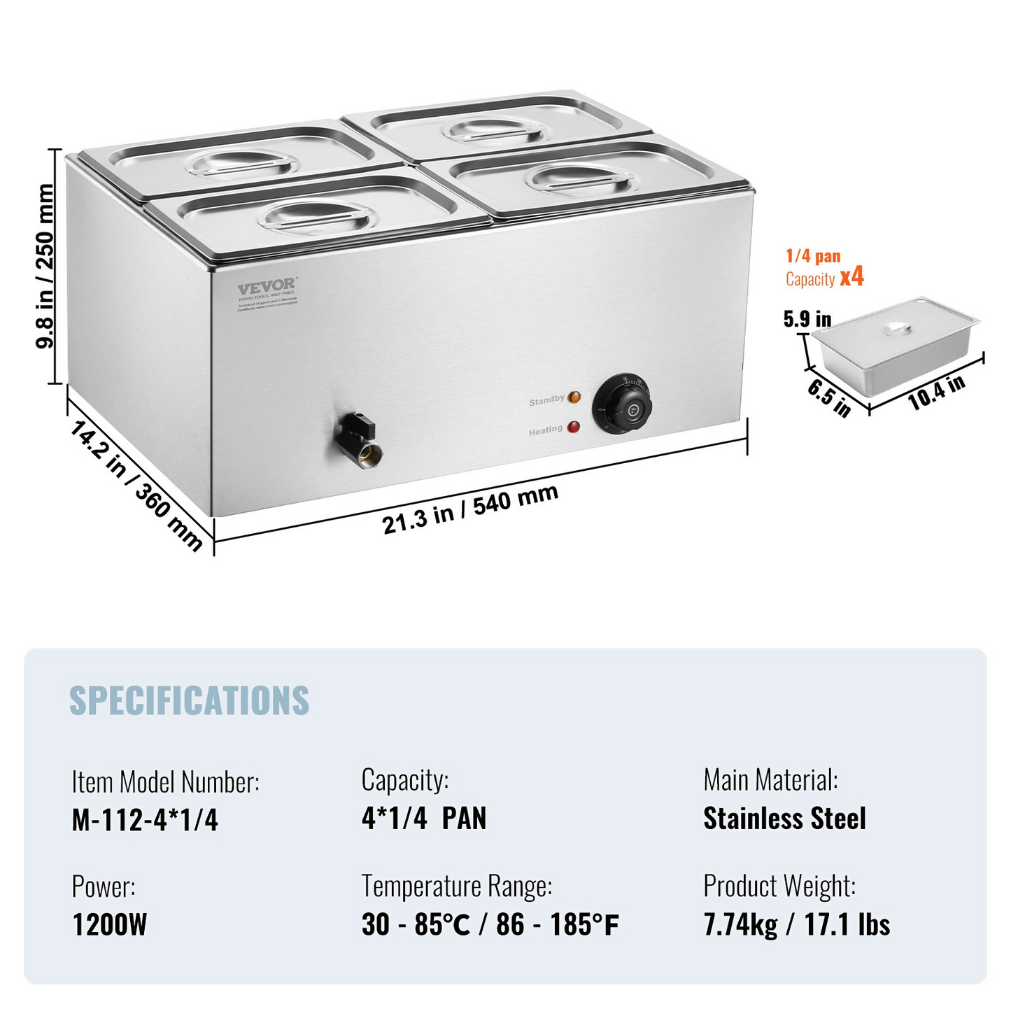 VEVOR Commercial Electric Food Warmer 4-Pan Countertop Buffet 15.9QT Bain Marie