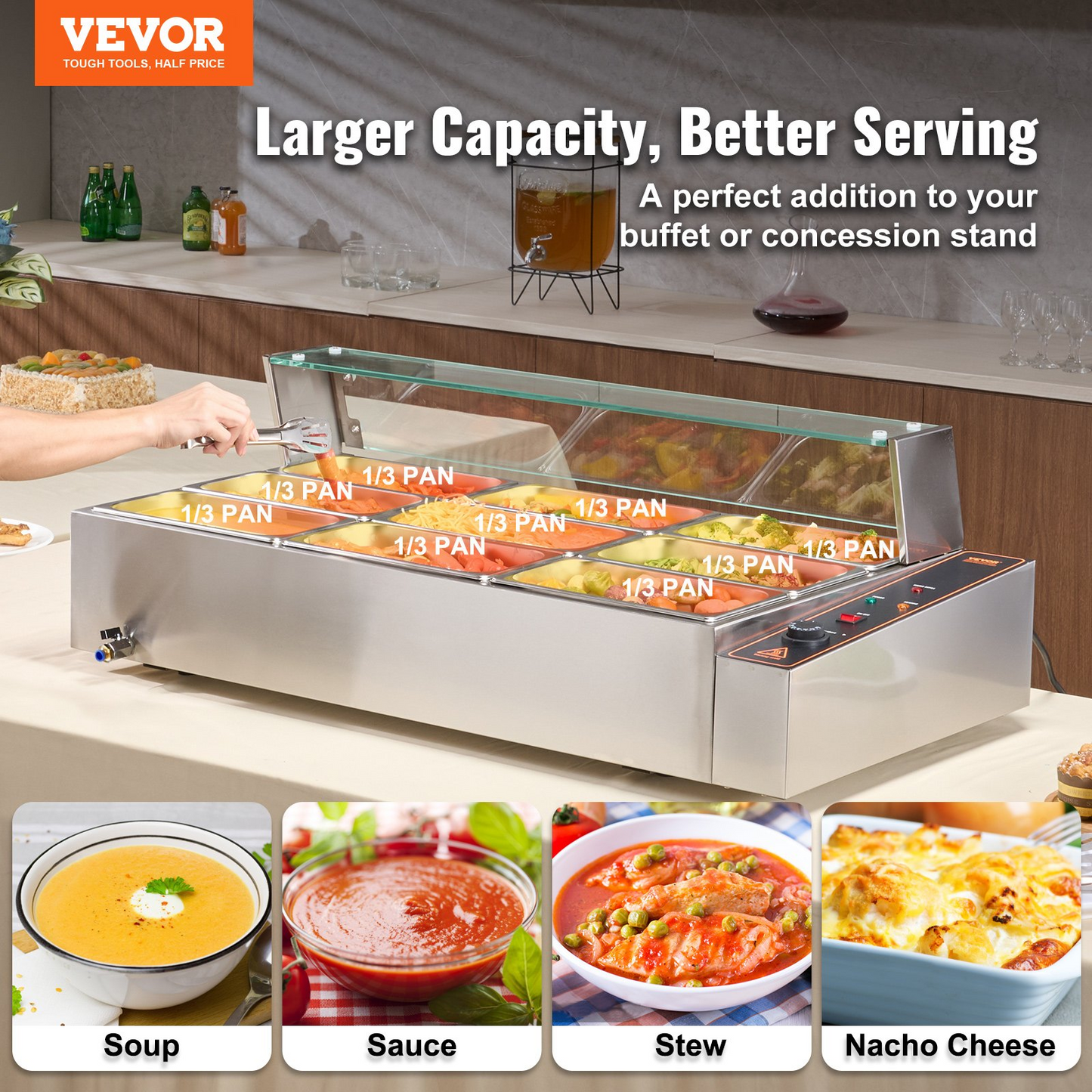 VEVOR Commercial Electric Food Warmer Countertop Buffet 9*5Qt with Glass Shield