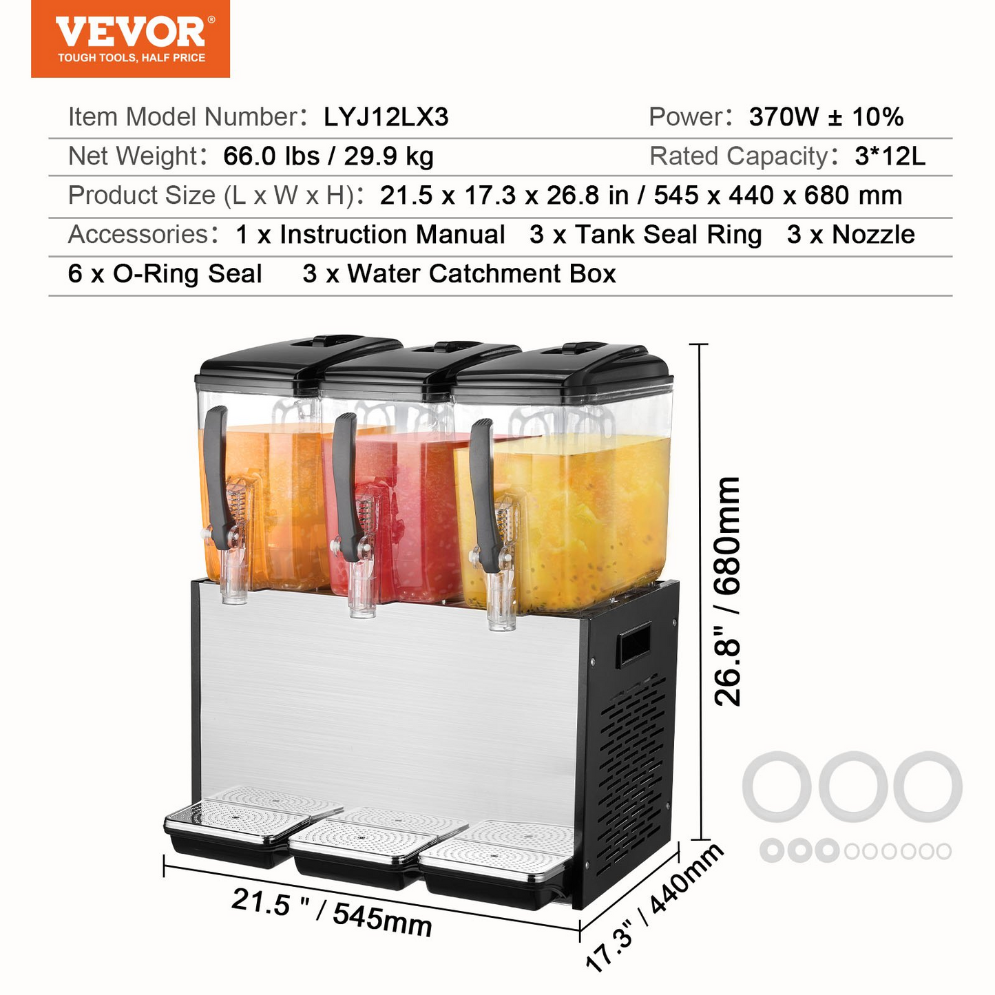 VEVOR Commercial Beverage Dispenser 12L x 3 Tanks Cold Juice Ice Drink Dispenser