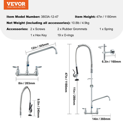 VEVOR Commercial Faucet with Pre-Rinse Sprayer, 47" Height, 8" Center, 12" Swing Spout, Wall Mount Kitchen Sink Faucet, Brass Constructed Device with Pull Down Spray, for 1/2/3 Compartment Sink