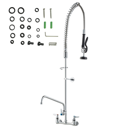 VEVOR Commercial Faucet with Pre-Rinse Sprayer, 47" Height, 8" Center, 12" Swing Spout, Wall Mount Kitchen Sink Faucet, Brass Constructed Device with Pull Down Spray, for 1/2/3 Compartment Sink