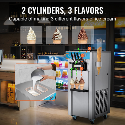 VEVOR Commercial Ice Cream Machine, 21-31 L/H Yield, 1800W 3-Flavor Freestanding Soft Serve Ice Cream Maker,  2 x 5.5L Stainless Steel Cylinder, LED Panel Auto Clean Pre-cooling, for Restaurant Bars