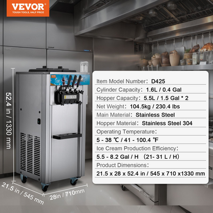 VEVOR Commercial Ice Cream Machine, 21-31 L/H Yield, 1800W 3-Flavor Freestanding Soft Serve Ice Cream Maker,  2 x 5.5L Stainless Steel Cylinder, LED Panel Auto Clean Pre-cooling, for Restaurant Bars