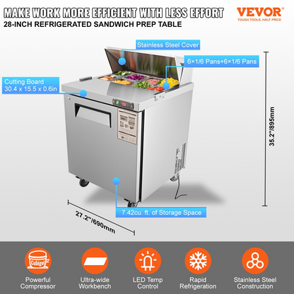 VEVOR Sandwich Prep Table, 7.42 Cu. Ft. Salad Single-door Refrigerated Prep Table, 28-inch Food Prep Fridge, Commercial Stainless Steel Prep Refrigerator Table for Restaurant, Bar, Shop, Silver