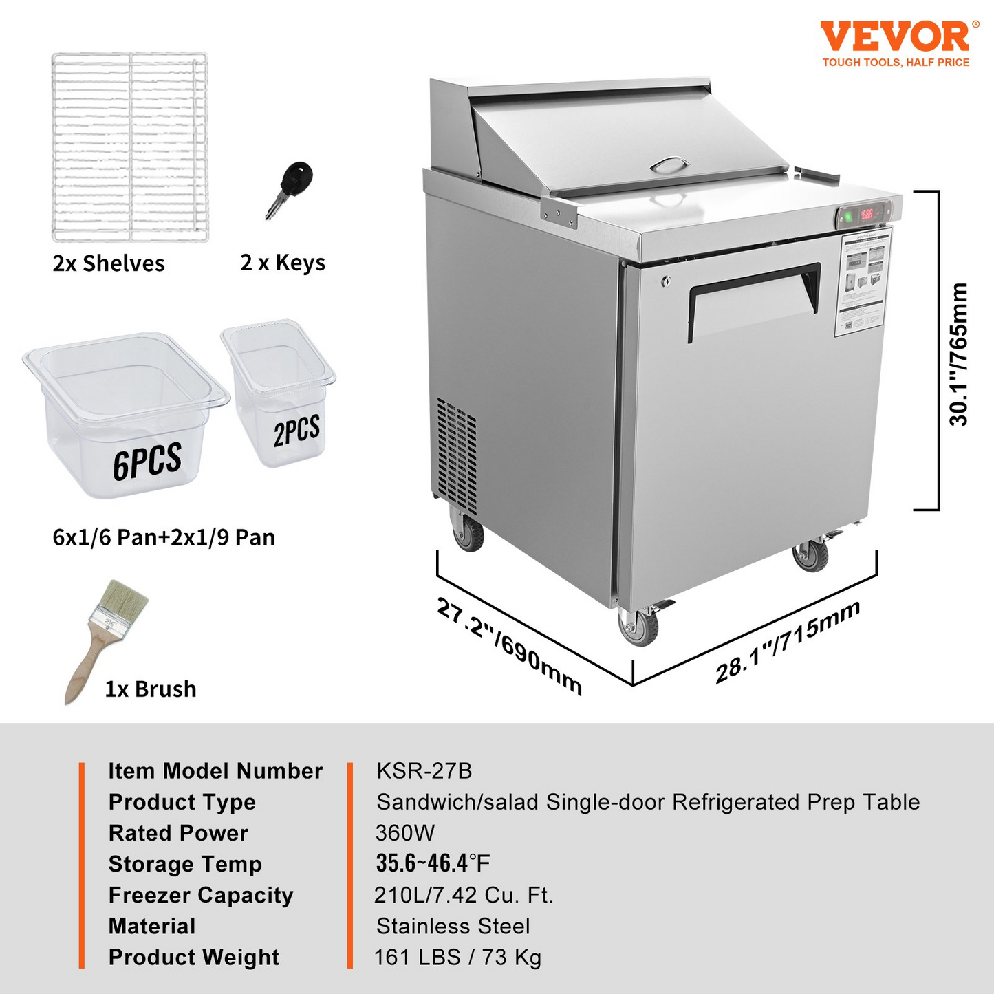 VEVOR Sandwich Prep Table, 7.42 Cu. Ft. Salad Single-door Refrigerated Prep Table, 28-inch Food Prep Fridge, Commercial Stainless Steel Prep Refrigerator Table for Restaurant, Bar, Shop, Silver