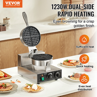 VEVOR Commercial Waffle Maker Round Waffle Iron Baker Machine Non-Stick 1230W