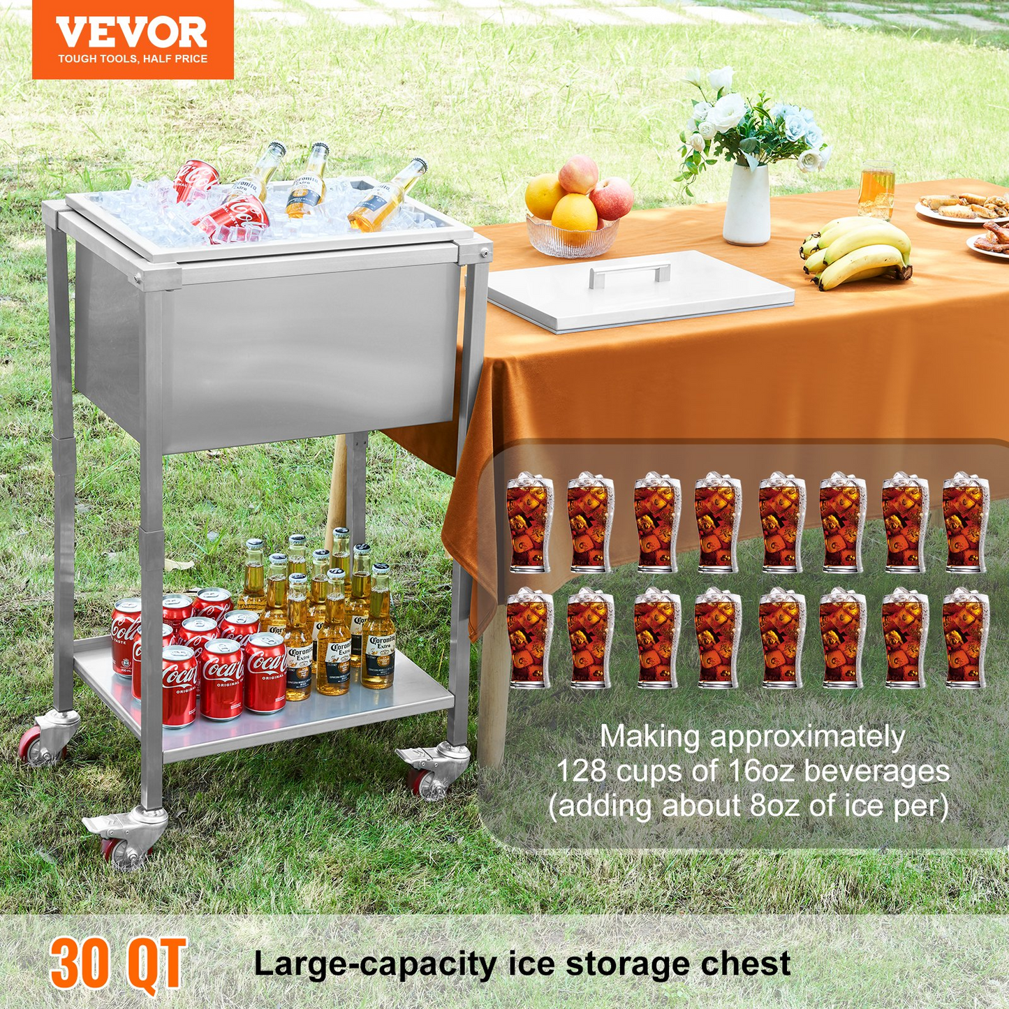 VEVOR 32qt Rolling Ice Chest Cooler Cart Outdoor Stand Up Cooling Bin on Wheels