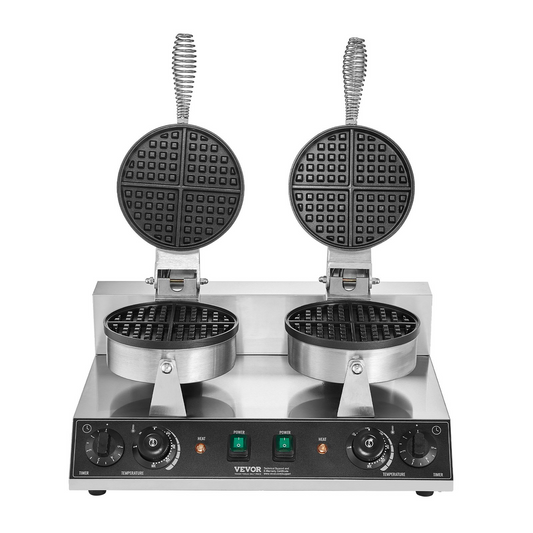 VEVOR Commercial Waffle Maker Dual-Head Round Waffle Iron 2460W Non-Stick