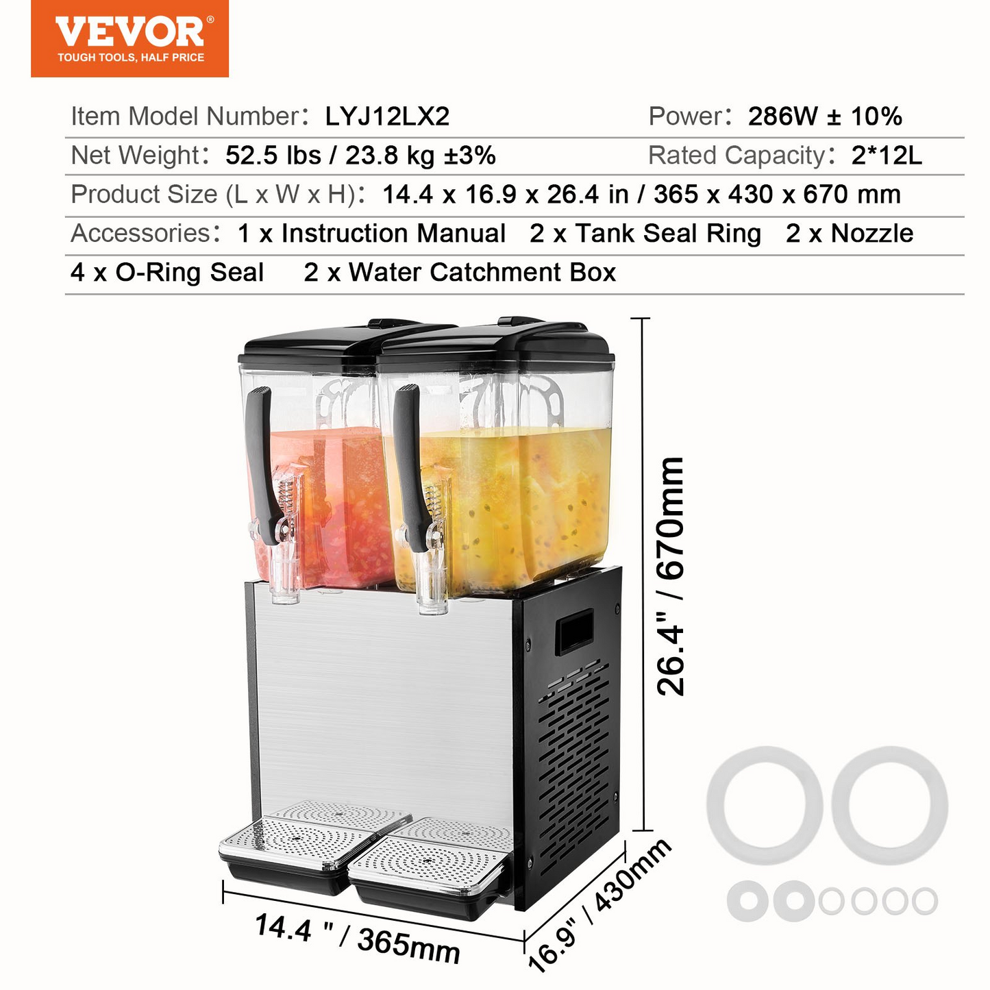 VEVOR Commercial Beverage Dispenser 12L x 2 Tanks Cold Juice Ice Drink Dispenser