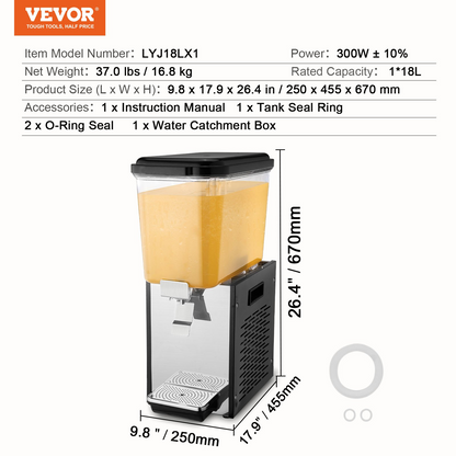 VEVOR Commercial Beverage Dispenser 18L Cold Juice Ice Drink Dispenser for Party