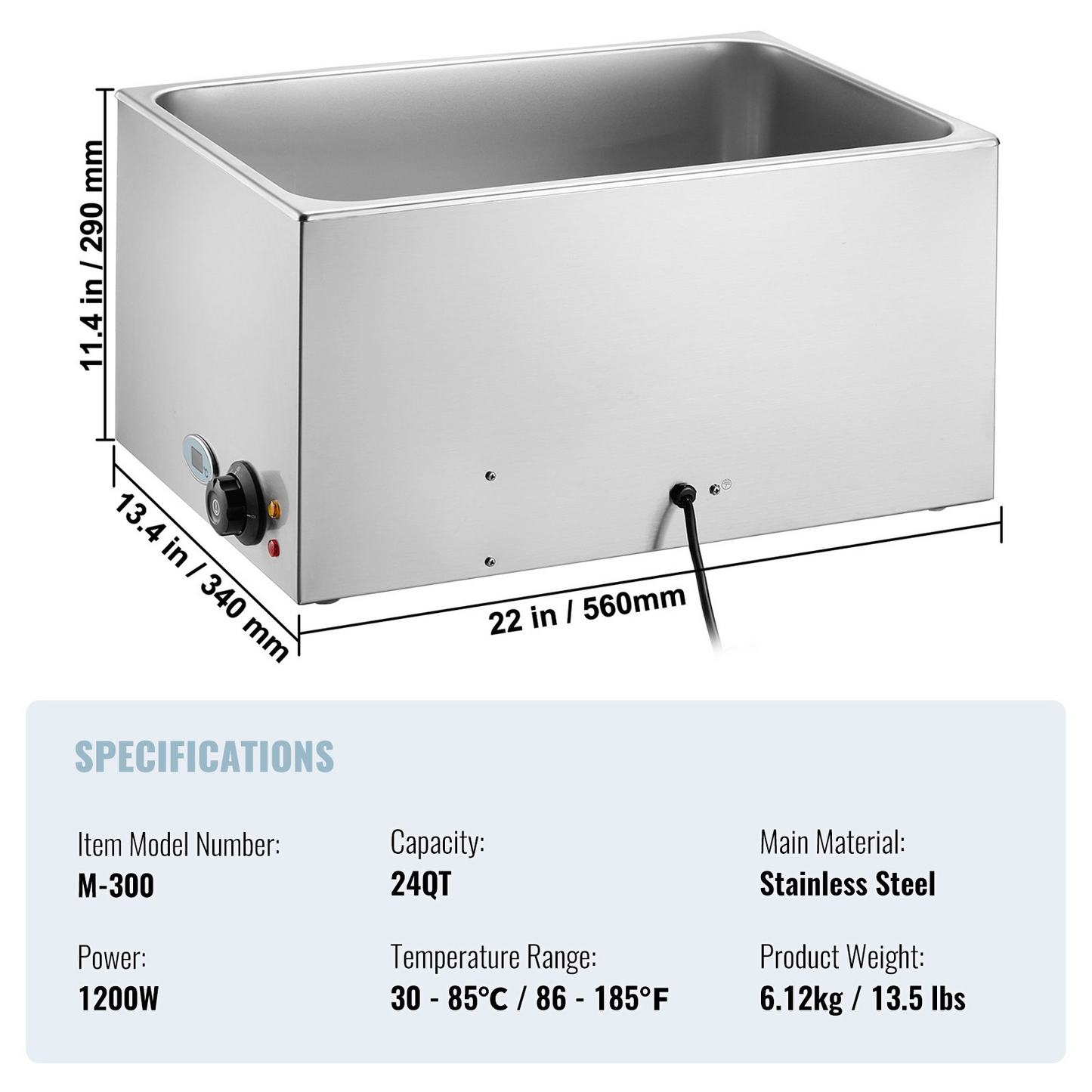 VEVOR Commercial Electric Food Warmer Countertop Buffet 19Qt 1200W Bain Marie